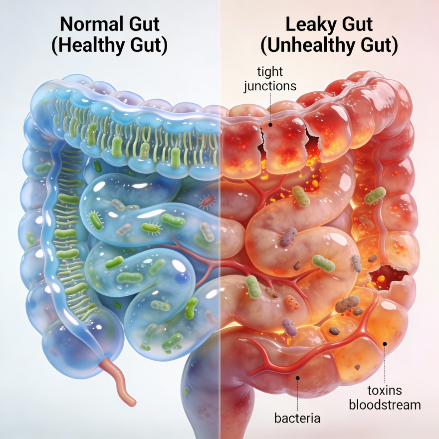 Normal gut vs leaky gut comparison illustration